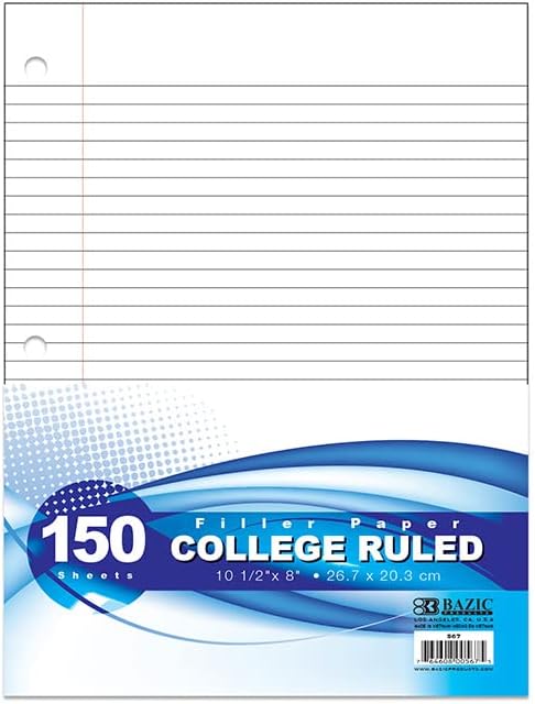 BAZIC Filler Paper Loose Leaf Papers 100 Sheet, College Ruled 3 Hole Punched for Ring Binders, for Office School Student Writing, 1-Pack