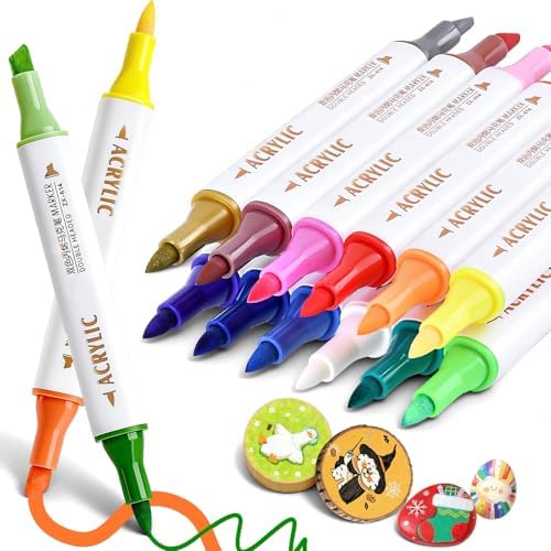 Coloring Acrylic Paint Markers, 24 Colors Dual Tip Chisel & Fine Art Paint Pens Set, Colored Markers for Adult Book Drawing, Rock, Stone, Fabric, Art Supplies Marker Kit for Illustration DIY, 12 Pack