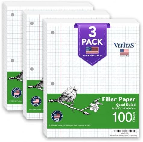WritePads Graph Paper Loose Leaf Paper, 300 Sheets, 8 x 10.5 Inch 4x4 Quad Ruled Graphing Paper, 3 Hole Punched Filler Notebook Paper for 3 Ring Binders, 65 GSM, Made in USA