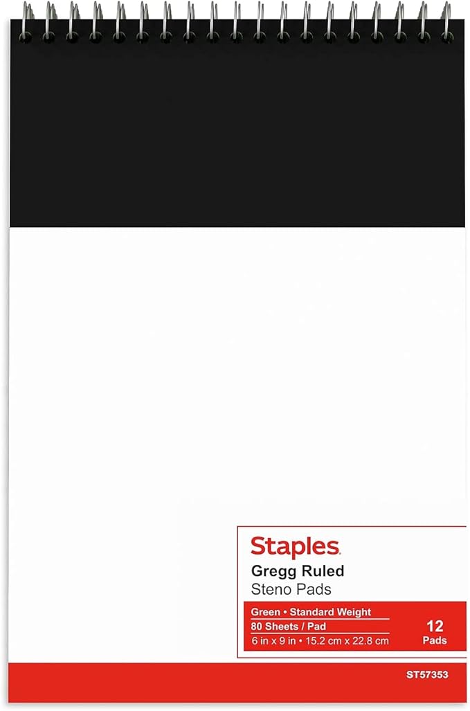 STAPLES Steno Pads, 6” x 9”, Gregg Ruled, Green Paper, 12‑Pack