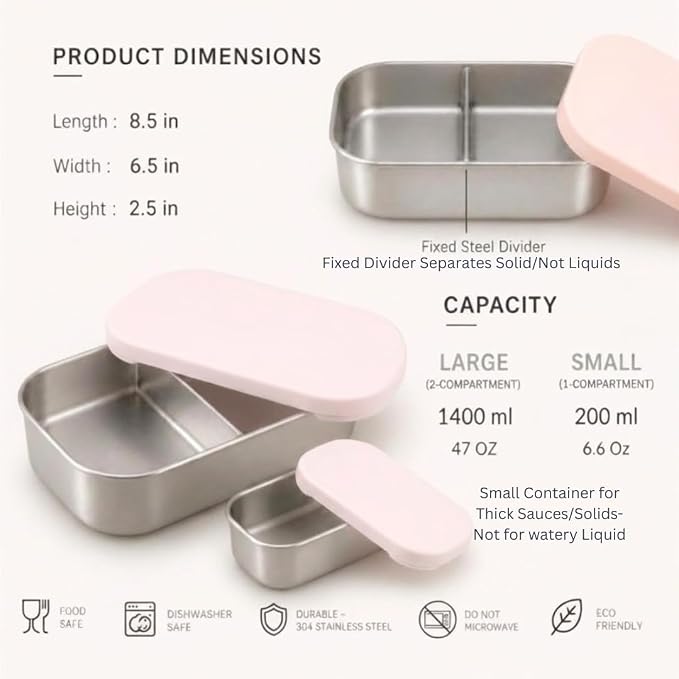 Modaniam Flexibento - Leak proof 47 OZ Stainless Steel Lunch Box Containers with Silicone Lids, Bento Box,Metal lunch Box, Pink-47 OZ-Set Of 2