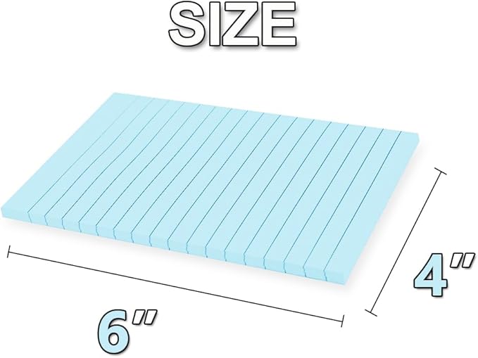(12 Pack) Lined Sticky Notes 4x6 in,Light Blue Large Notepads with Lines,Ruled Stickies Super Sticking Power,Office School Memo Note Pads,Post on Windows Doors,Recyclable,Easy to Write on