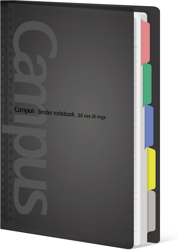 KOKUYO 5 Subject Spiral Notebook, Campus B5 Refillable Journal with 5 Tab Dividers, 100 Sheets in 7mm Dotted Ruled Loose Leaf Paper, Black, Japan Import