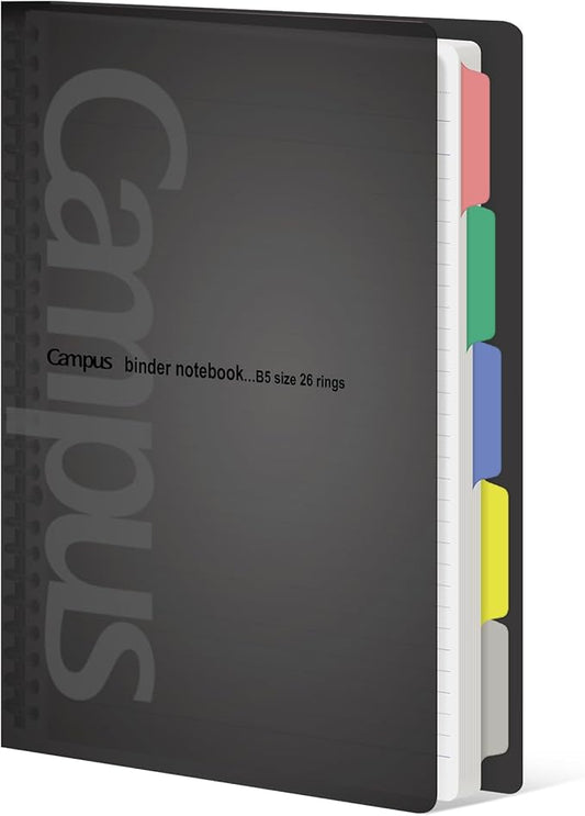 KOKUYO 5 Subject Spiral Notebook, Campus B5 Refillable Journal with 5 Tab Dividers, 100 Sheets in 7mm Dotted Ruled Loose Leaf Paper, Black, Japan Import