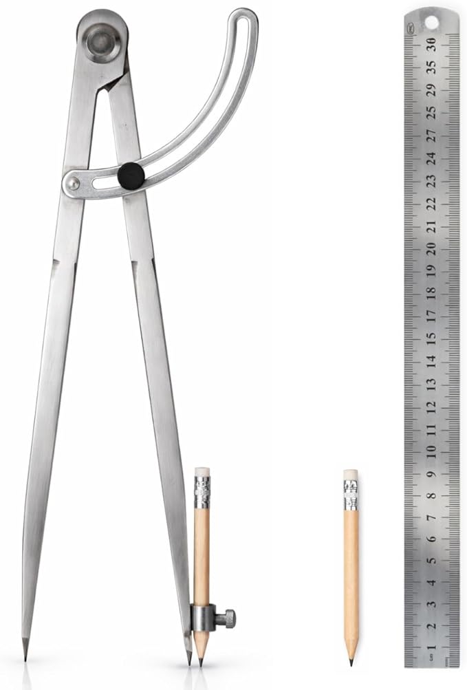 DS. DISTINCTIVE STYLE 12-Inch Large Drawing Compass, Metal Drafting Compass with Pencil Holder, Geometry Tool for Carpentry & Technical Drawing