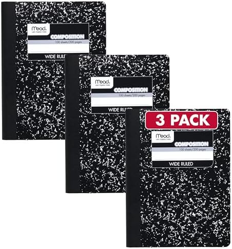 Mead Composition Notebook, Wide Ruled Paper, 7.5" x 9.75", 100 Sheets, Black Marble, 3 Pack (38301)