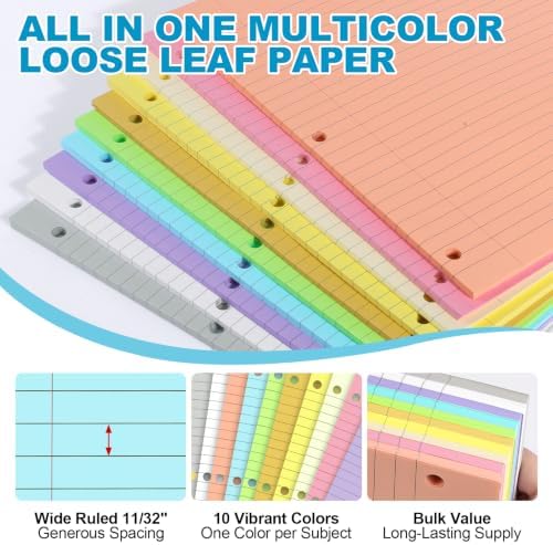 TUXIYA 1000 Sheets 10 Colored Loose Leaf Paper 8x10.5 College Ruled 3 Hole