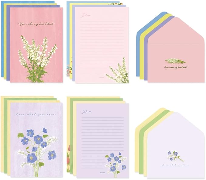 Monolike Olivia's Flowers Letter Paper and Envelopes Set - 8Type, 32 Letter Paper + 16 Envelopes