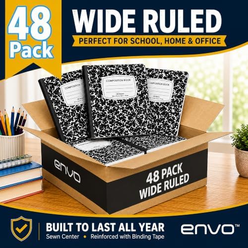 ENVO Composition Notebooks, Wide Ruled Composition Notebook, Black Marble Covers Composition Notebook, 100 sheets, Bulk (48, Wide Ruled)