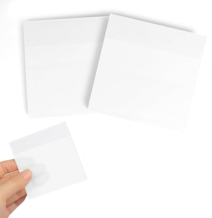 100 Sheets Frosted Transparent Sticky Notes 3x3 Inches, Pearlescent Self-Stick-Notes, Clear See Through, Waterproof, Easy to Post It for Home, Notebook, Meeting, Reusable (White-Classic Pack