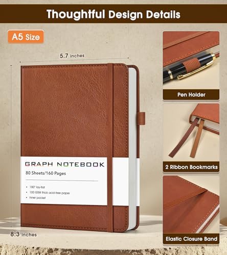 A5 Leather Hardcover Graph Paper Notebook, 160 Pages (5 Squares/Inch), 180° Lay-Flat Binding, 100 GSM Thick Paper, for Math, Engineering, Students & Technical Work (Brown)