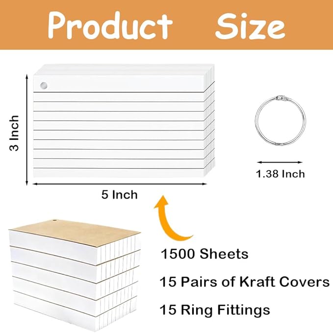 1500 Pcs White Index Cards with Rings, 3x5 Inch Flash Cards Bulk with Holder for Studying, Notecards Lined for Office, Home, School Supplies College, Ruled Index Cards, Double Sided