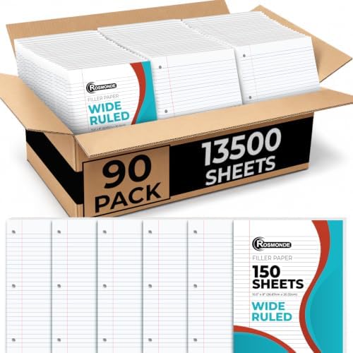 Rosmonde Loose Leaf Paper Bulk, 13500 Sheets, 90 Pack, Wide Ruled Paper