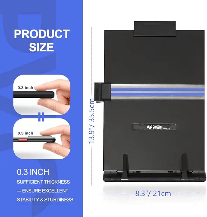 Desktop Document Holder Stand with 7 Adjustable Positions, Black Metal File Organizer Management Copyholder for Typing Speech Reading A4 Letter Music Book Tablet Office, with Paper Clip and Line Guide