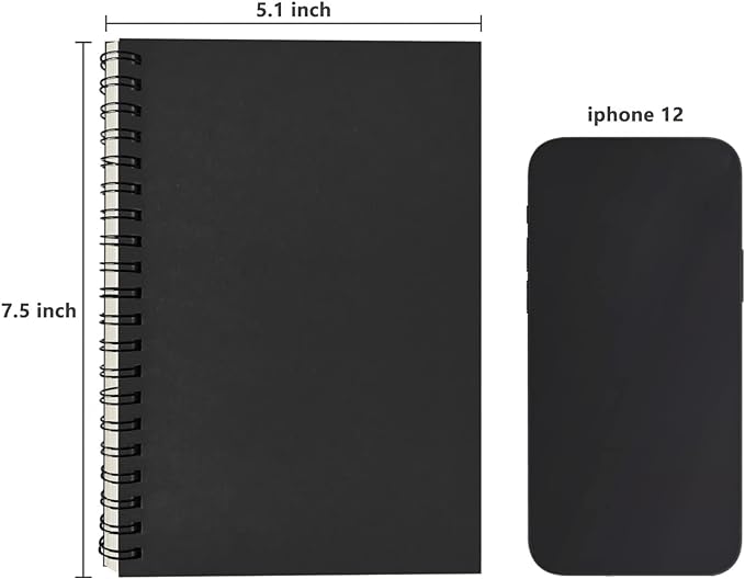 DSTELIN Blank Spiral Notebook, 3-Pack, Soft Cover, Sketch book, 100 Pages / 50 Sheets, 7.5 inch x 5.1 inch, 100GSM, (Black)