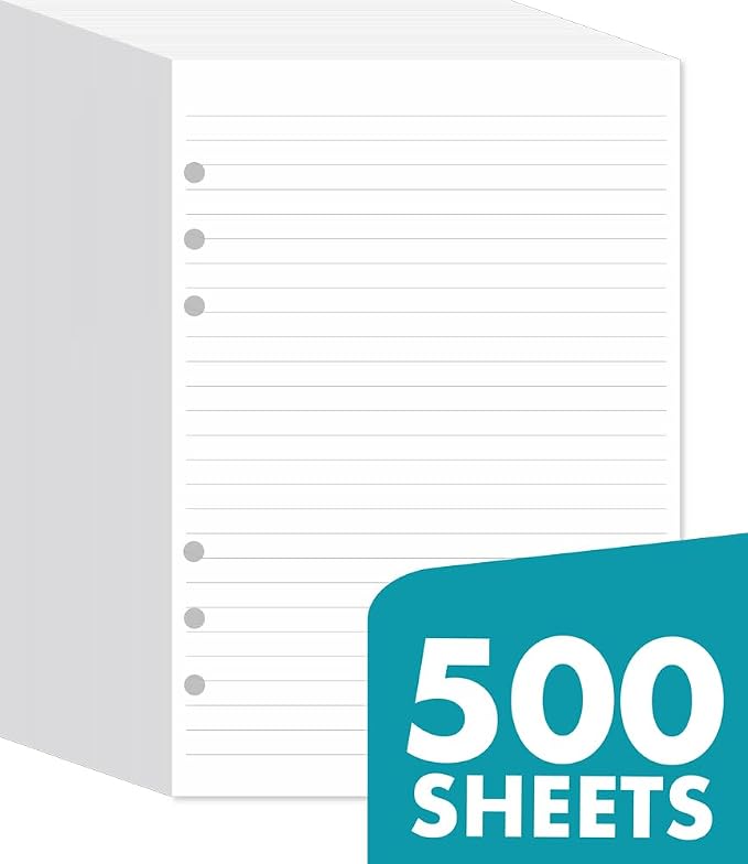 A5 Lined Paper 6-Hole Punched, 500 Sheets (1000 Pages), Compatible with Filofax A5 Organizer, 100gsm, White