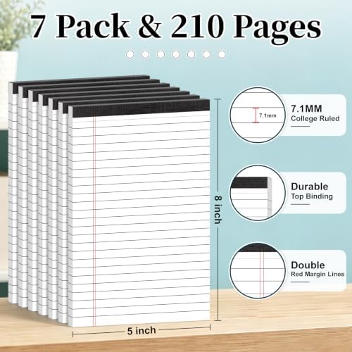 7 PCS Note Pads 5x8 Small Legal Pads 210 Sheets, Perforated Small Notebook Notepad 5 x 8 ,College Ruled Lined Paper Pads 80GSM, Mini Hard Backing Writing Pads Memo for Work School &Office Supplies-White