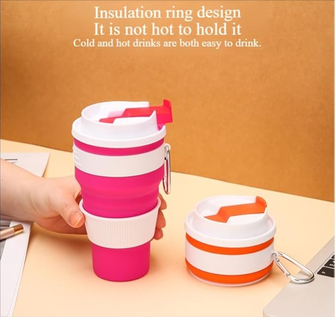 Foldable silicone coffee cup, 16 oz portable eco-friendly water cup with double lids, storage with hanging ring to save space, suitable for outdoor hiking, camping, cycling, car use (Rose Red 420ML)