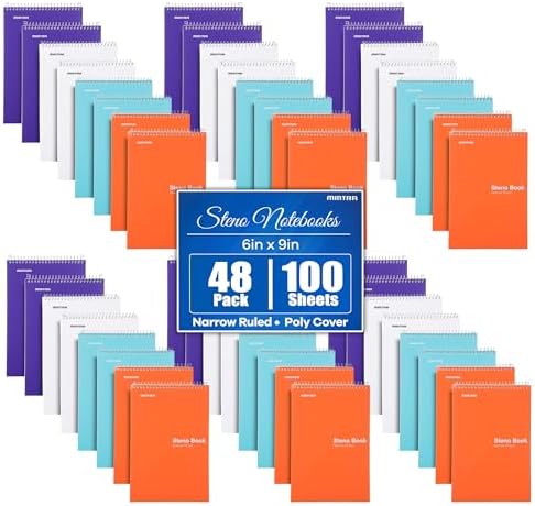 Mintra Office Steno Books Set - Top-Spiral Bound, Narrow Ruled, White Sheets, Poly Pastel Color Covered Notebooks for Office, Professional, School & Work, Note-taking, Writing Pads, 6"x9", 48 Pack
