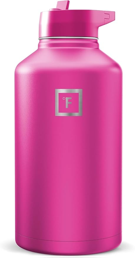 IRON °FLASK Camping & Hiking Hydration Flask with Straw, Wide Mouth Insulated Stainless Steel Sports Water Bottle - Pink Tulip 64 oz - Straw (1 Lid)