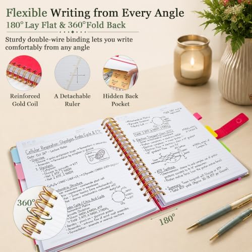 Hardcover Spiral Notebook 6.2''x 8.2'' College Ruled Notebook with Magnetic Closure, 300 Pages 5 Subject Notebooks with Pocket Dividers for Work School, A5 Leather Journal for Women, Men (Rose Red)