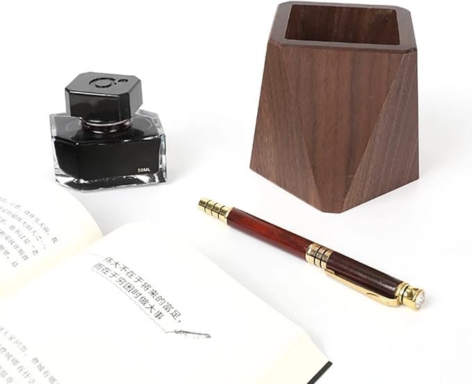 Black Walnut Wooden Pencil Box, Multiple-Use Desk Writing Stationary Organizer Wood Pen Holder Cups Office School Supplies Storage (Prismatic Shape)