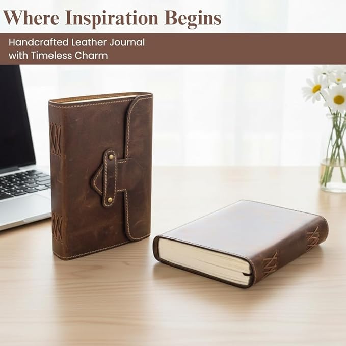 Leather Journal Writing Notebook 7x5 - Genuine Leather Bound Notebook for Men & Women - Closure Diary with 200 Pages 125 GSM Recycled Cotton Paper