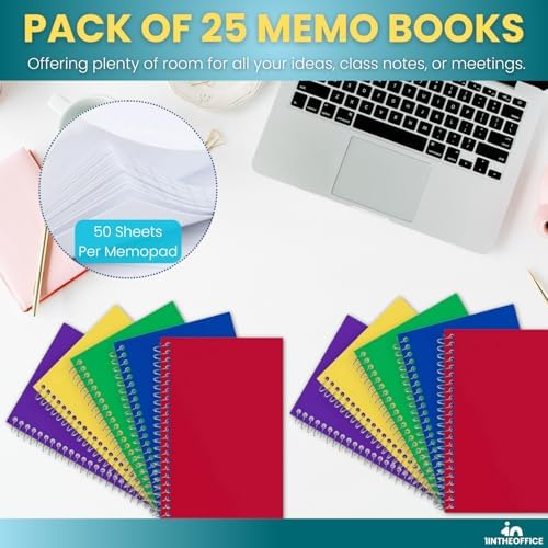 1InTheOffice Wirebound Spiral Memo Books, Memo Pads, 4" x 6", College Ruled, Small Notepad 4x6, Assorted, 50Sheets/Pad, 25 pack