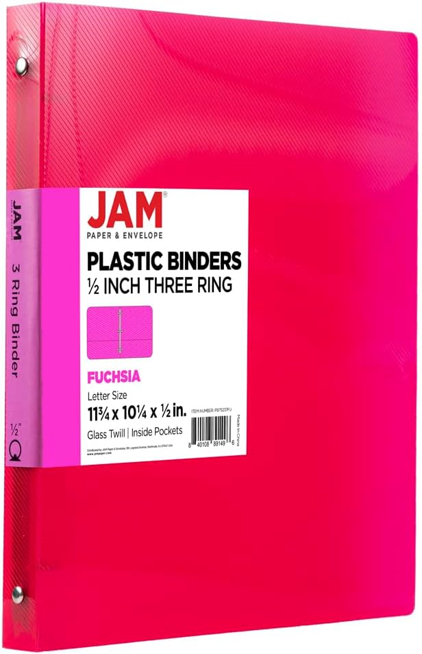 JAM PAPER Plastic 0.5 inch Binder - Fuchsia Pink 3 Ring Binder - Sold Individually
