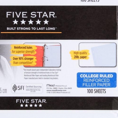 Five Star 17010 Reinforced Filler Paper, 20lb, College Rule, 11 x 8 1/2, White, 100 Sheets