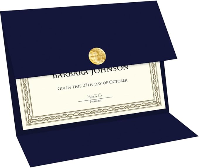 Geographics Certificate Holders - Tri-Fold Navy Linen 9.25x12.5 Inches - Embossed Die-Cut 80 lb Cover Stock - Silver Medallion Foil Stamp - Ideal for Awards - 218 GSM Document Holder