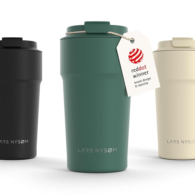 LARS NYSØM Thermo Coffee Mug to go 17oz | Travel Mug 0.5 Liter with Insulation | Silicone grip base | Leak Proof Stainless Steel Tumbler for Coffee and Tea on the Go (Powder Pine Green, 17oz)
