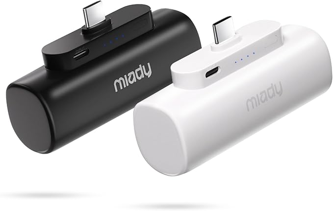 Miady 2-Pack 5000mAh Mini Portable Charger with Built-in Type C Connector, USB-C Output Charging Small Power Bank, Ultra-Compact Battery Pack Compatible with iPhone 17/16/15 Galaxy S24/S22 iPad