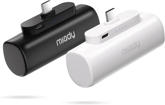 Miady 2-Pack 5000mAh Mini Portable Charger with Built-in Type C Connector, USB-C Output Charging Small Power Bank, Ultra-Compact Battery Pack Compatible with iPhone 17/16/15 Galaxy S24/S22 iPad