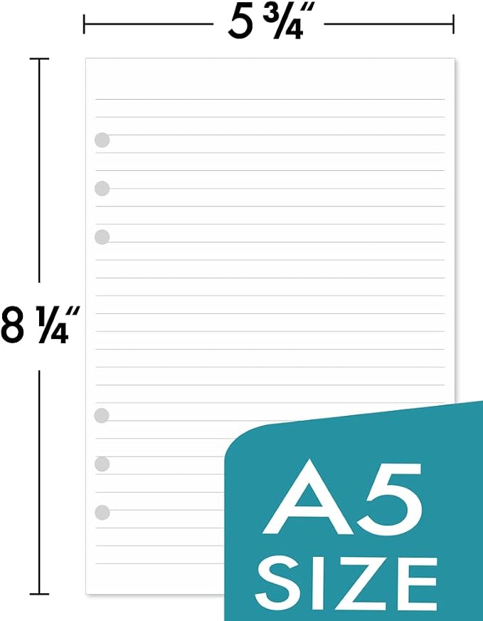 A5 Lined Paper 6-Hole Punched, 250 Sheets (500 Pages), Compatible with Filofax A5 Organizer, 100gsm, White