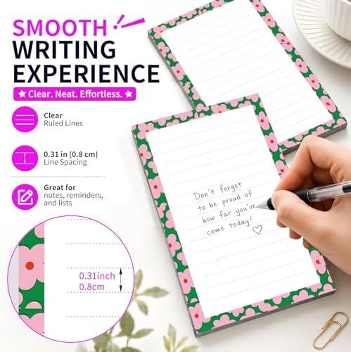 Lined Sticky Notes 4x6 in, 2 Pack Large Cute Notepads with Lines Self-Stick Note Pad, Funny Memo Pads Strong Adhesive for Office, Home Pink Cute Small Flowers