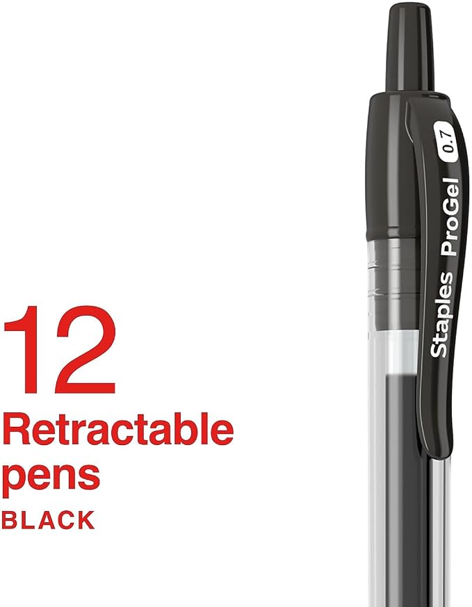 Staples ProGel Retractable Gel Pens, Fine 0.7mm, Black Ink, 12-Pack | Ergonomic design with quick-dry ink for office and school writing.
