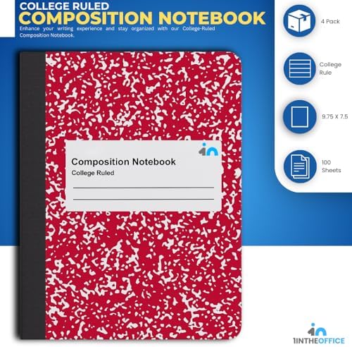1InTheOffice Composition Notebooks College Ruled, Composition Book, College Ruled Composition Notebook, Assorted Colors 9.75 x 7.5, 4 Pack