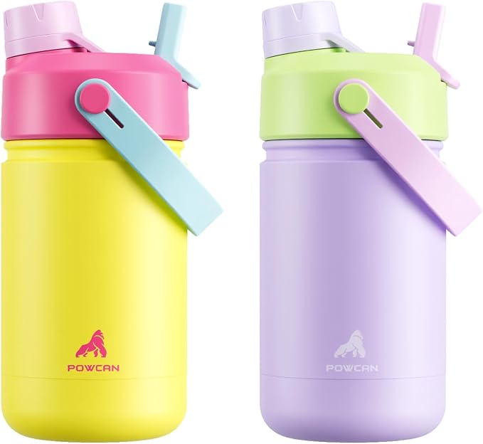 POWCAN 2 Pack 12 oz Kids Insulated Water Bottle for School: Leakproof, 2-in-1 Straw Spout Lid, BPA-Free, Keep Cold 24 Hrs, Stainless Steel Cup for Sports, Travel, Gift for Girls Boys Daughters Sons