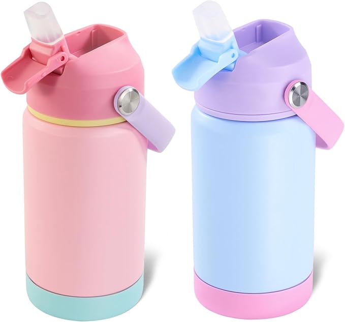 Kerilyn 12oz Kids Water Bottle 2 Pack, Stainless Steel Insulated Water Bottle Bulk, Toddler Cups with Straws Leak-Proof, Kids Water Bottles for School Boys Girls, Cerulean + Charm Pink 2 Piece Set