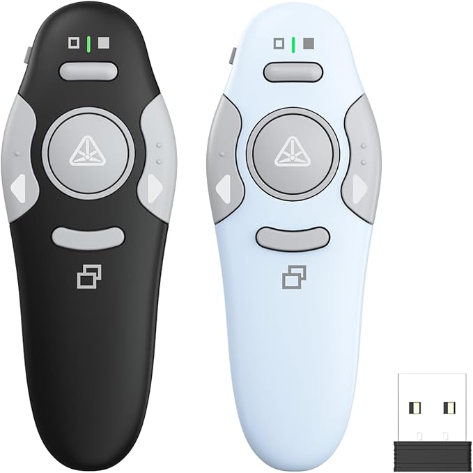 QUI 2 Pack Presentation Clicker, Wireless Presenter Remote Clicker for PowerPoint, Slide Advancer for Mac, Windows, Google Slide, Keynote (USB, Black Blue)