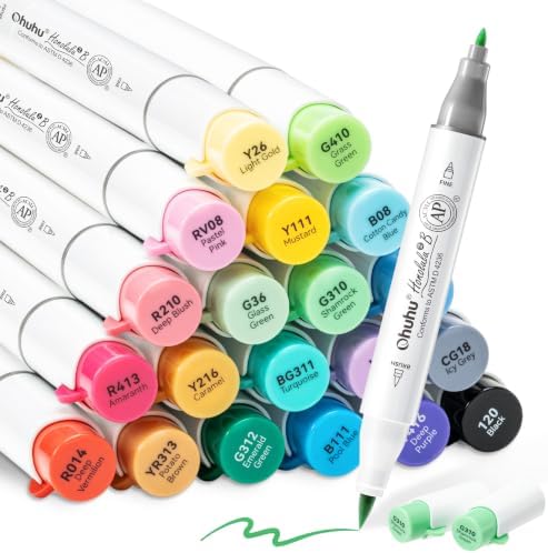 Ohuhu Alcohol Markers Brush& Fine 24 Colors for Adults Coloring Refillable