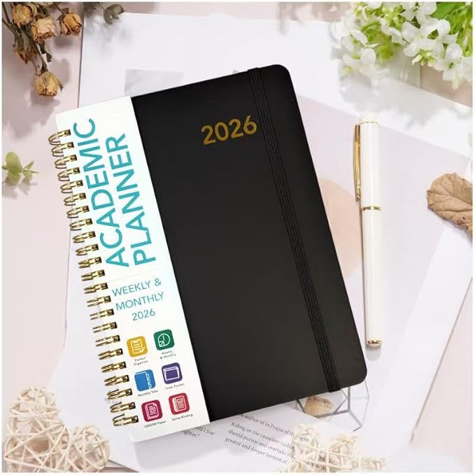 Academic Planner 2026 - Hardcover Weekly & Monthly Calendar Agenda, Daily Planner for Students & Teachers, 8.5" x 6.3" Portable Size，Daily Agenda Book with Tabs, College Organizer Notebook (black)