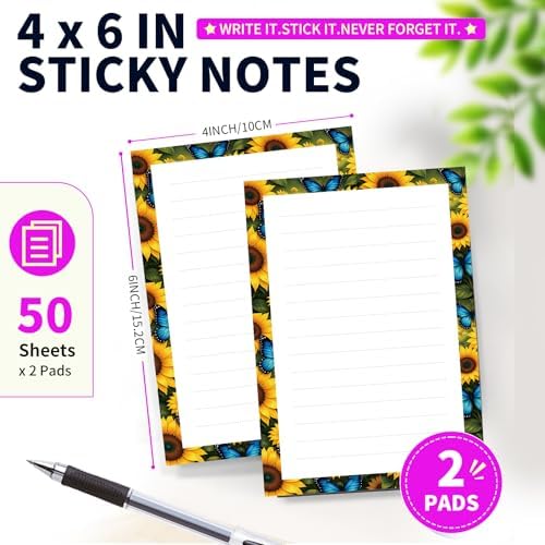 Lined Sticky Notes 4x6 in, 2 Pack Large Cute Notepads with Lines Self-Stick Note Pad, Funny Memo Pads Strong Adhesive for Office, Home Cute Sunflower Butterfly