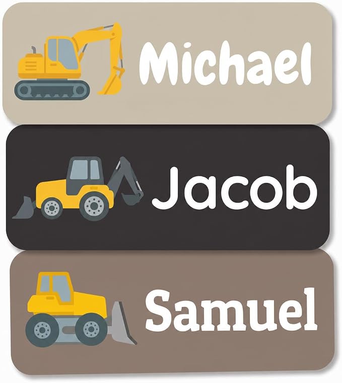 Bunny Badges Personalized Name Labels for Kids (60, 120, or 240 Count) Custom Daycare Labels & Name Stickers for Clothing Tags, Water Bottles, Lunch Boxes and School Supplies (Construction)
