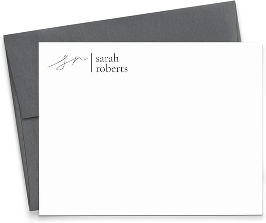 Personalized Mongram Stationery with Envelopes, FLAT Note Cards with Initials, Custom Notecards for Women, Minimalistic 2 Letter Monogrammed Stationery Set, Your Choice of Colors and Quantity