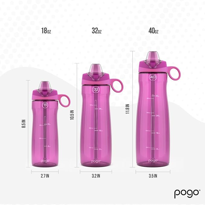Pogo Plastic Water Bottle with Chug Lid and Carry Handle, Reusable, BPA Free, Dishwasher Safe, Perfect for Travel, School, Outdoors, and Gym, 18oz 32oz 40oz 64oz