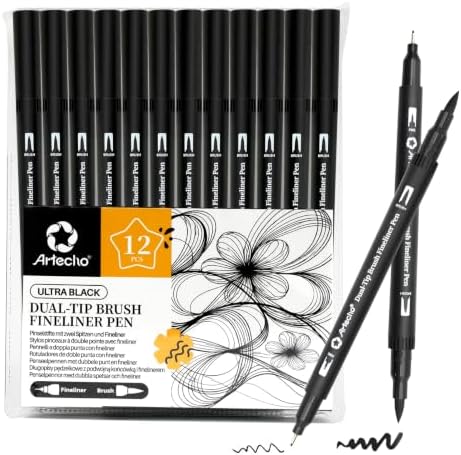 Artecho 12pcs Black Colors Dual Tip Markers for Drawing