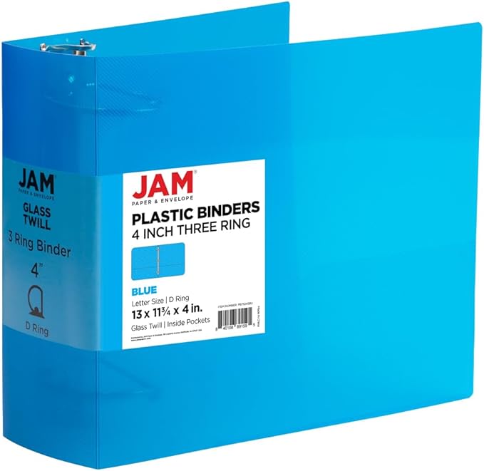 JAM PAPER Plastic 4 inch Binder - Blue 3 Ring Binder - Sold Individually