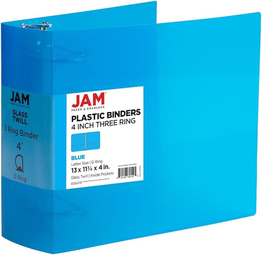 JAM PAPER Plastic 4 inch Binder - Blue 3 Ring Binder - Sold Individually